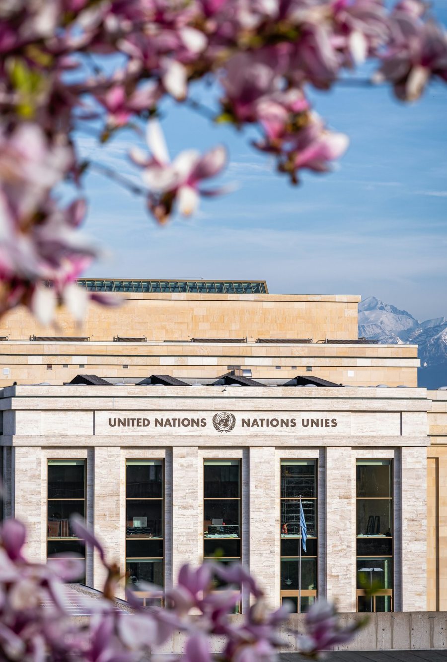 side of the building of the United Nations headquarters (Palais des Nations) in Geneva.